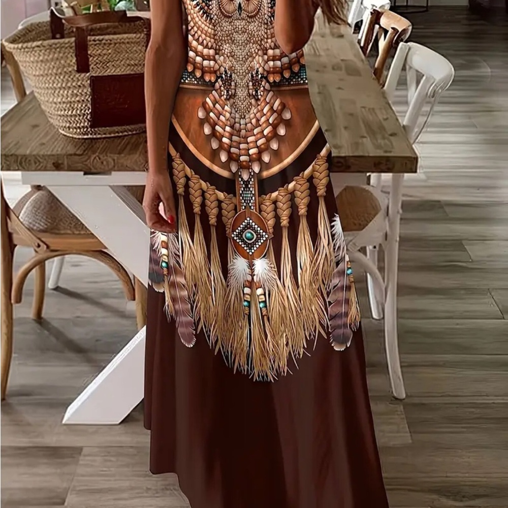 Bohemian Feather Print Maxi Dress